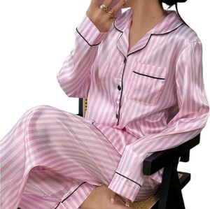 Pink Striped Satin Like Pajama Set with Black Piping